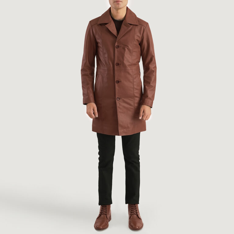 Mens Don Long Brown Leather Coat Full Length-2-1701087591580
